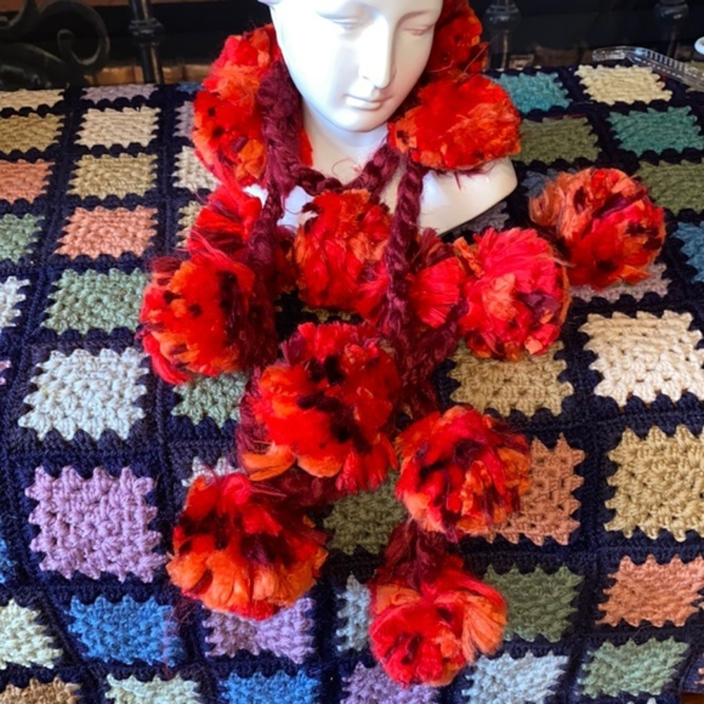 Fun vintage Red Orange Floral Pom Pom Scarf Boho Crochet Fall Statement